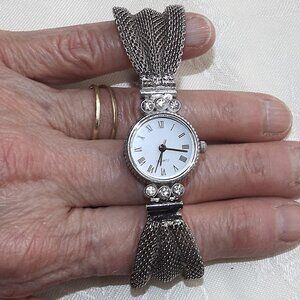 Ladies LGP Silver Tone Mesh Bowtie Bracelet Watch Rhinestone Accents Working